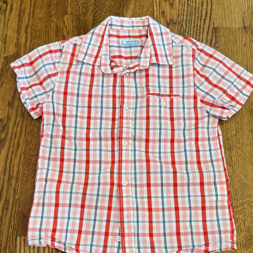 Mayoral Kids Red and White Plaid Button Down Shirt Size 4